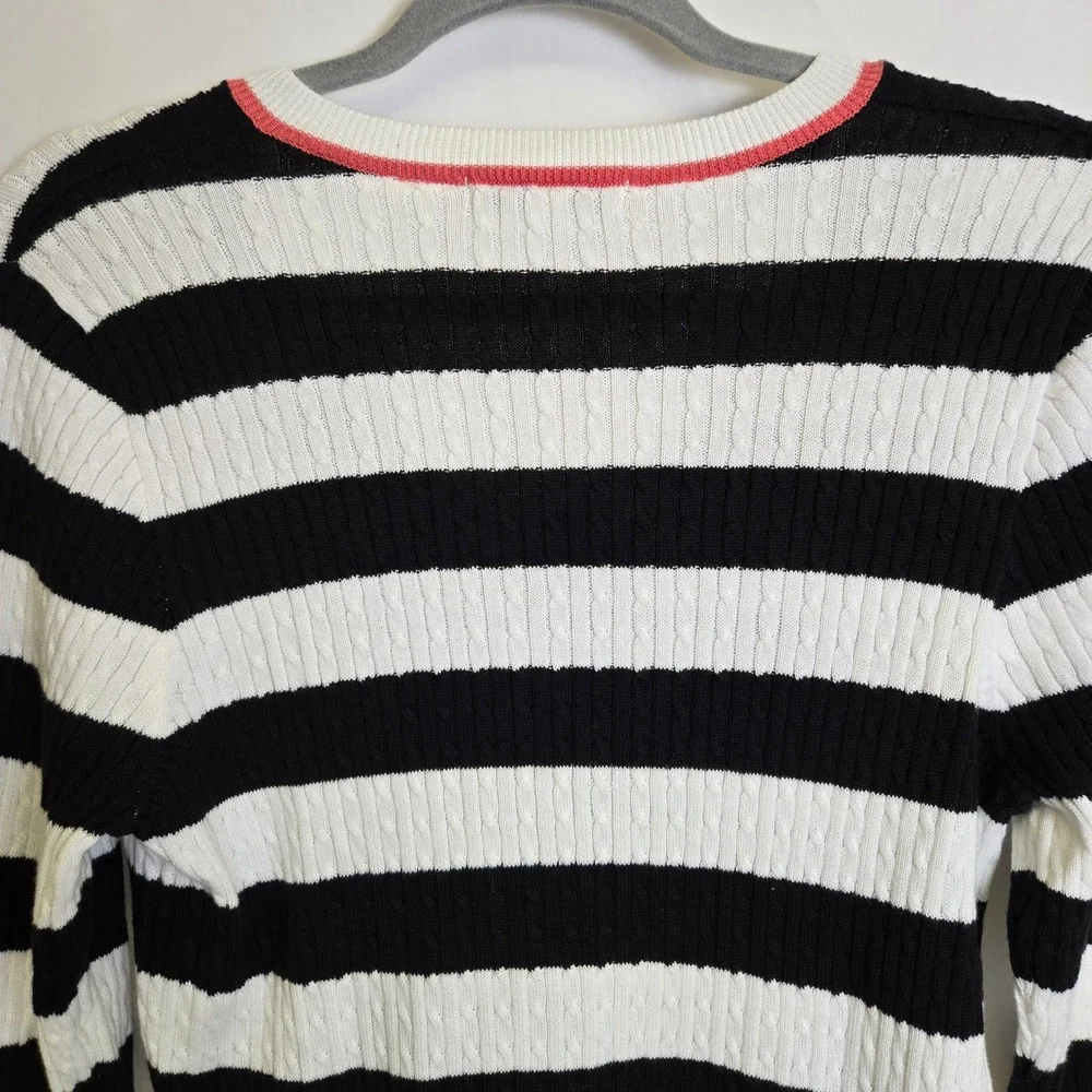 Pria‎ Striped Cable Knit Sweater, Preppy, 100% Cotton, Black White, Large, NWOT